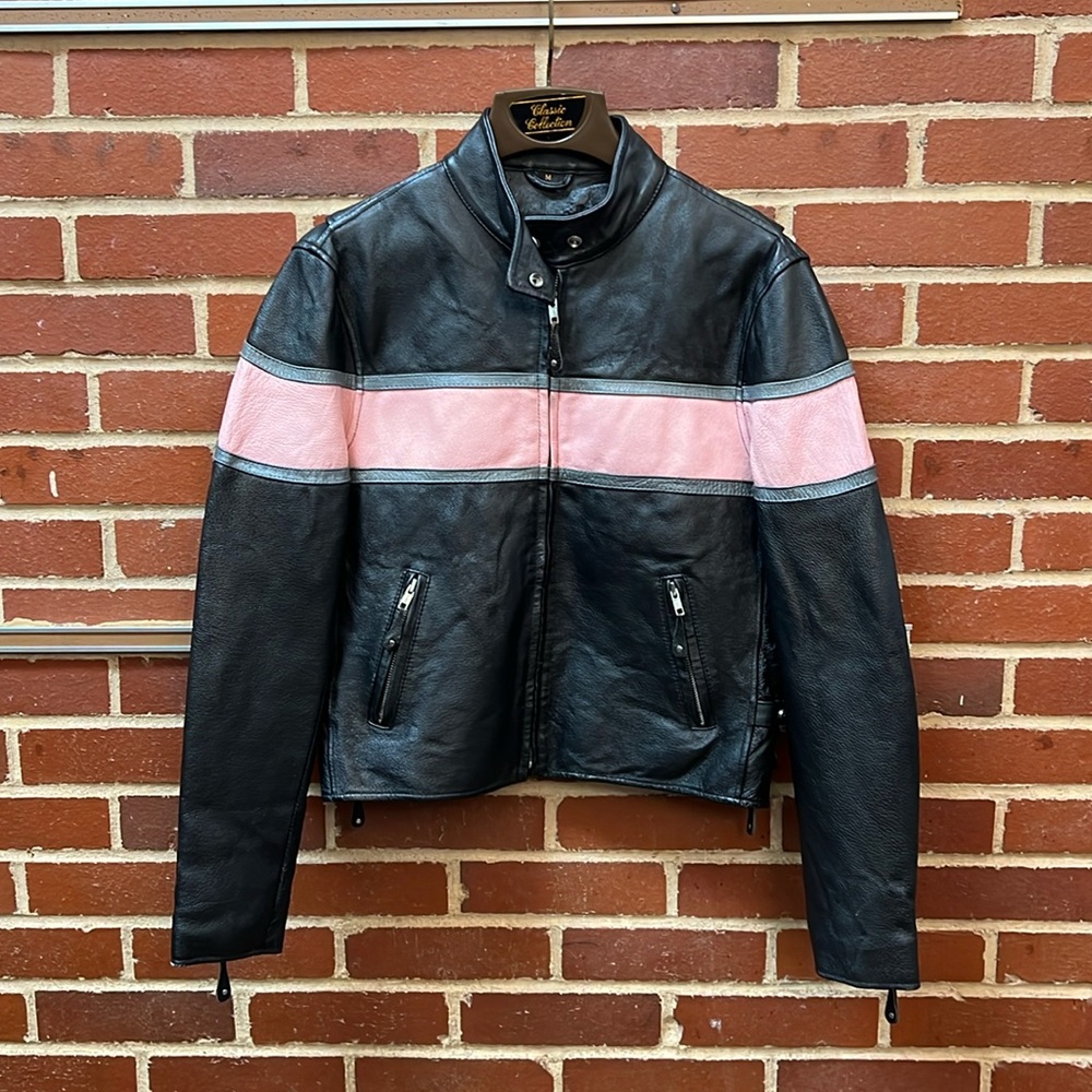 Vtg Black Pink Hot Leathers Moto Jacket Sz M